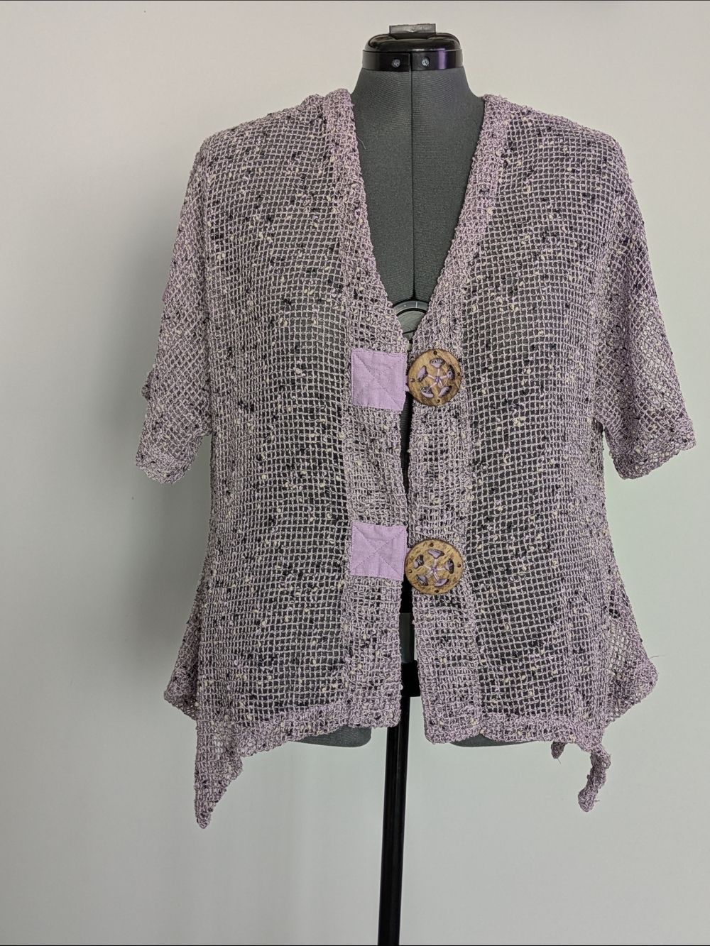 Lavender Open-Weave Button Front Cardigan